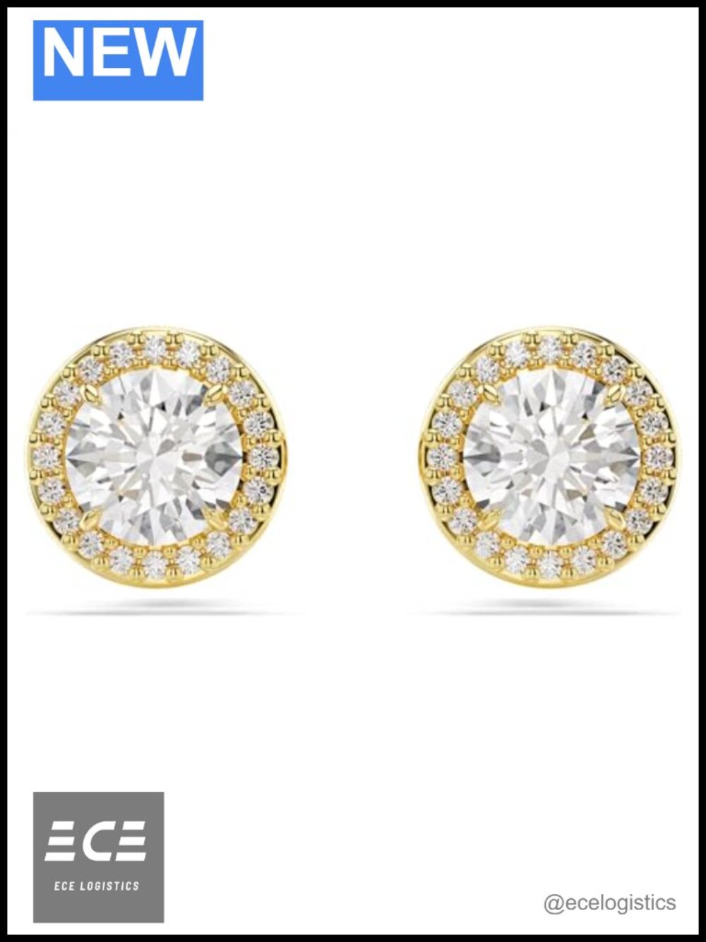 Gold Plated Crystal Halo Stud Earrings Round Cut Push Back